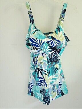 Denim & Co Swimsuit Tropical One Piece With Skirt Overlay